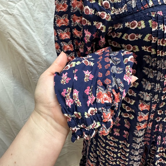 Anthropologie Blue Floral Patchwork Ruffled Hem Split Neck Midi Dress Size XXS - Picture 4 of 12